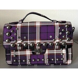 Steve Madden Purse Crossbody Mary Style Purple Plaid Metal and Crystal Studs